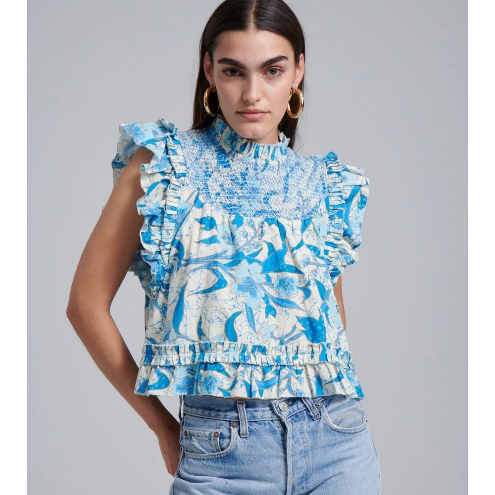 LOVE THE LABEL Simona Top In Priya Print Blue Smocked Ruffle Sleeveless Medium